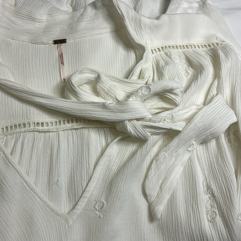 Free People Womens Wishful Moments Blouse Size L White Tie Neck Embroidery Boho - Picture 5 of 8